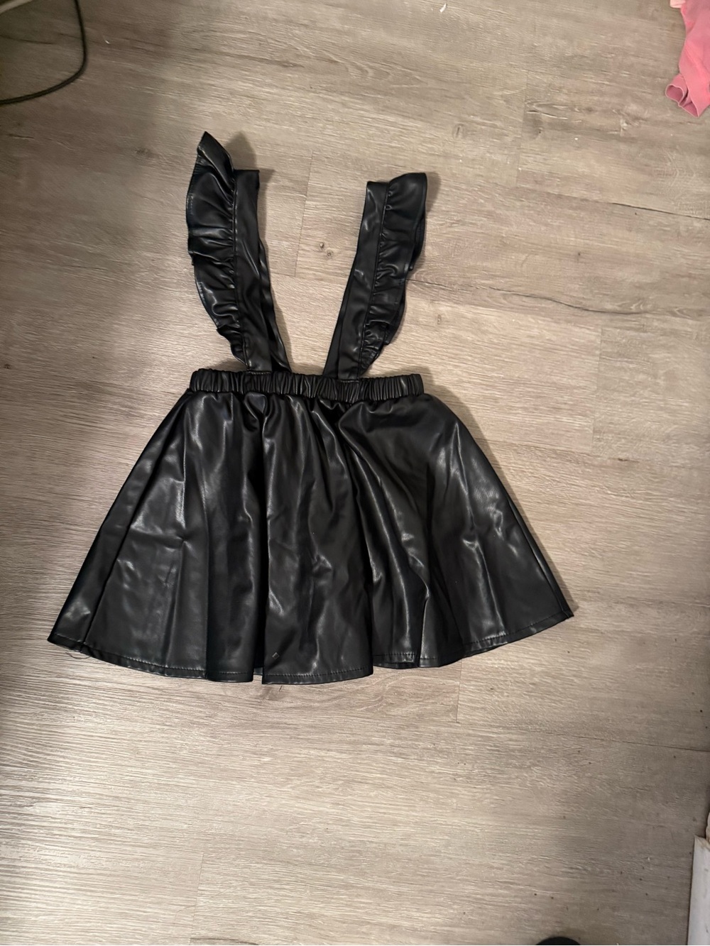 Black Faux Leather Ruffle Strap Kids Dress